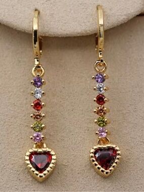 Italian Luxury Gold Tone Multicolor Crystal Heart Dangle Drop Earrings NWOT